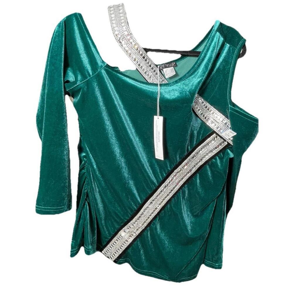 Venus Woman Green Velvet Embellished Long Sleeved Top Blouse Spandex Size L NWT